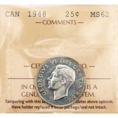 Canada 1948 25 Cents Quarter Silver Coin - ICCS MS-62