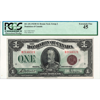 $1 1923 Dominion of Canada Note Bronze Seal Series B DC-25i - PCGS EF-45