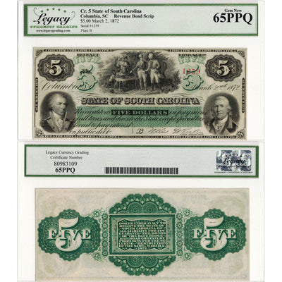 United States 1872 $5 State of South Carolina Revenue Bond Scrip Note - Legacy Gem UNC-65 PPQ