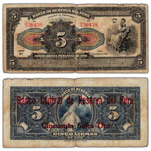 SOLD Peru 1922 (1935) 5 Libras Peruana de Oro Overprint Note P #58 - Circulated