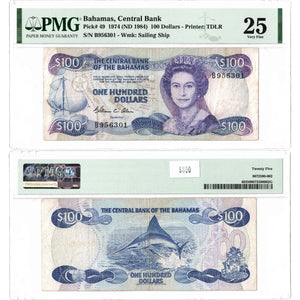 SOLD Bahamas 1974 (1984) $100 Dollars Note P #49 - PMG VF-25