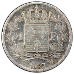France 1827 W One Franc Silver Coin - Obverse Scratched