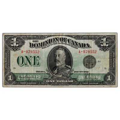 SOLD $1 1923 Dominion of Canada Note Black Seal Series A DC-25a - F/VF