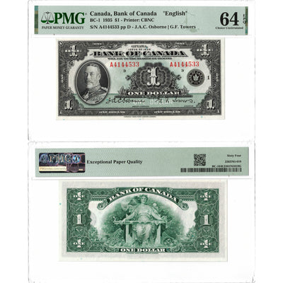 SOLD $1 1935 Bank of Canada Note English Text BC-1 - PMG Ch UNC-64 EPQ
