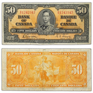 SOLD $50 1937 Bank of Canada Note Gordon-Towers B/H Prefix BC-26b - Writing