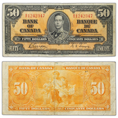 SOLD $50 1937 Bank of Canada Note Gordon-Towers B/H Prefix BC-26b - Writing