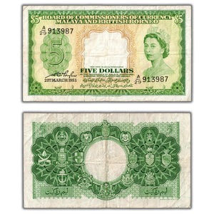 SOLD Malaya & British Borneo 1953 $5 Five Dollars Note P #2a - F/VF