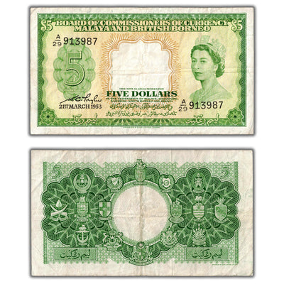 SOLD Malaya & British Borneo 1953 $5 Five Dollars Note P #2a - F/VF