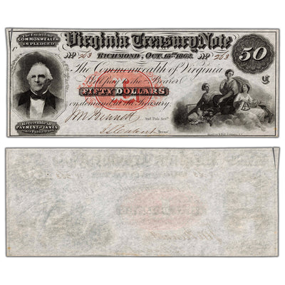United States 1862 Virginia Treasury $50 Fifty Dollars Note - UNC (tear)