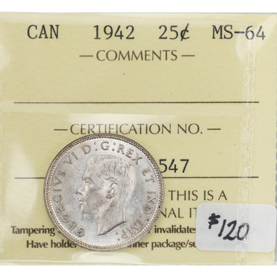 Canada 1942 25 Cents Quarter Silver Coin - ICCS MS-64