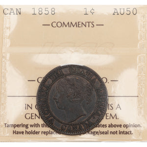 SOLD Canada 1858 1 Large Cent Coin - First Year of Issue - ICCS AU-50