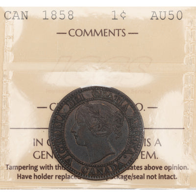 SOLD Canada 1858 1 Large Cent Coin - First Year of Issue - ICCS AU-50