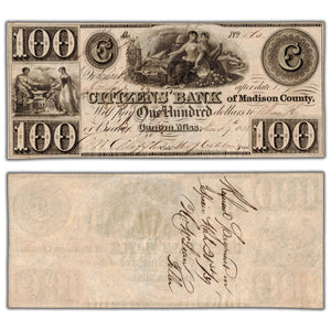 SOLD United States 1838 $100 Citizens Bank of Madison County Canton MS Obsolete Note