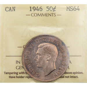 SOLD Canada 1946 50 Cents Half Dollar Silver Coin - ICCS MS-64