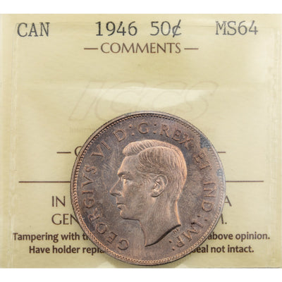 SOLD Canada 1946 50 Cents Half Dollar Silver Coin - ICCS MS-64
