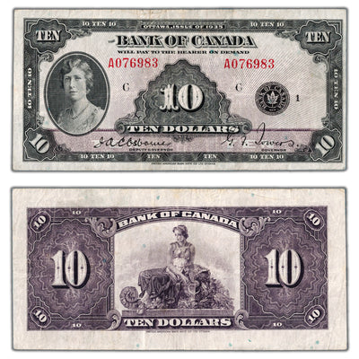 SOLD $10 1935 Bank of Canada Note English Text BC-7 - F/VF (pressed)