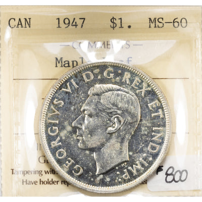 SOLD Canada 1947 ML Maple Leaf $1 Silver Dollar Coin - ICCS MS-60
