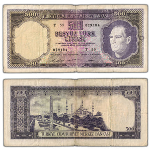 SOLD Turkey 1968 500 Lira Note P #183 - Circulated (tears)