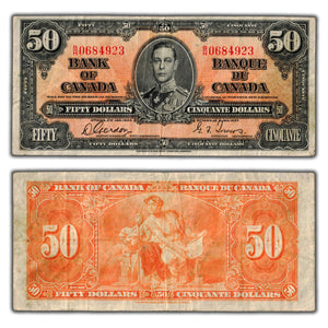 SOLD $50 1937 Bank of Canada Note Gordon-Towers B/H Prefix BC-26b - Fine+