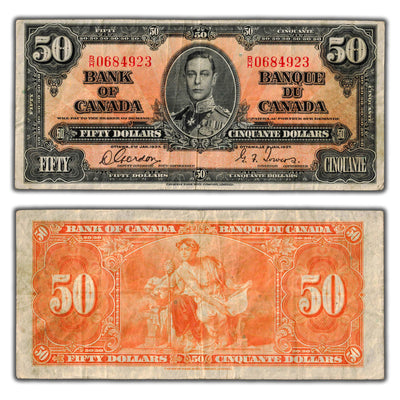 SOLD $50 1937 Bank of Canada Note Gordon-Towers B/H Prefix BC-26b - Fine+