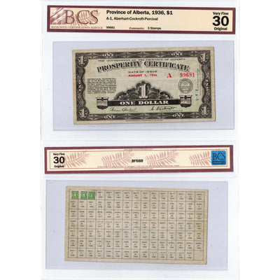 $1 1936 Province of Alberta Prosperity Certificate Note 2 Stamps A-1 - BCS VF-30