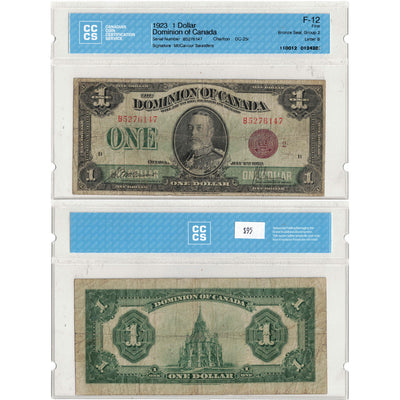 $1 1923 Dominion of Canada Note Bronze Seal Series B DC-25i - CCCS F-12