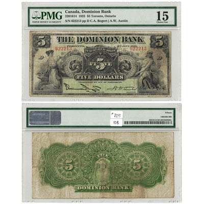 $5 1925 The Dominion Bank Canada Chartered Note #220-16-14 - PMG F-15
