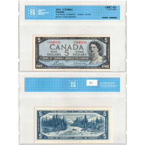 SOLD $5 1954 Bank of Canada Note Bouey-Rasminsky S/X Prefix BC-39c - CCCS UNC-62