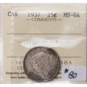 SOLD Canada 1937 25 Cents Quarter Silver Coin - ICCS MS-64