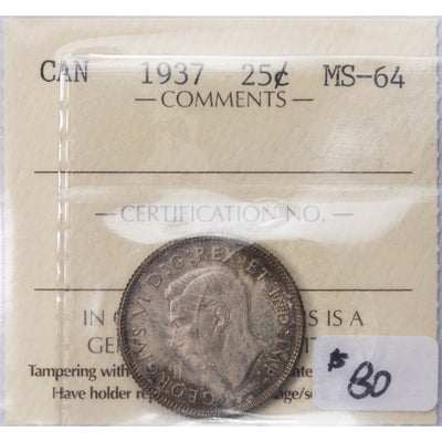 SOLD Canada 1937 25 Cents Quarter Silver Coin - ICCS MS-64