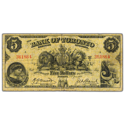 SOLD $5 1937 Bank of Toronto Canada Chartered Note #715-24-04 - VG/F