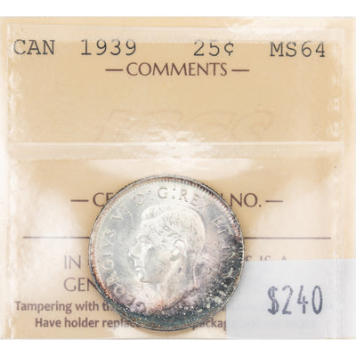 Canada 1939 25 Cents Quarter Silver Coin - ICCS MS-64