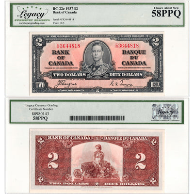 $2 1937 Bank of Canada Note Coyne-Towers C/R Prefix BC-22c - Legacy AU-58 PPQ