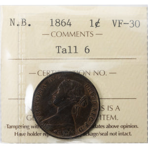 SOLD New Brunswick 1864 Tall 6 1 Cent Coin - ICCS VF-30