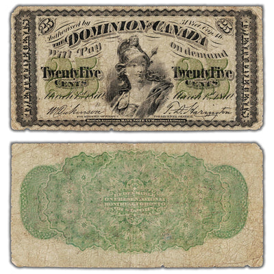 25 Cents 1870 Dominion of Canada Shinplaster Note Letter 'B' DC-1b - VG/F (pinholes)