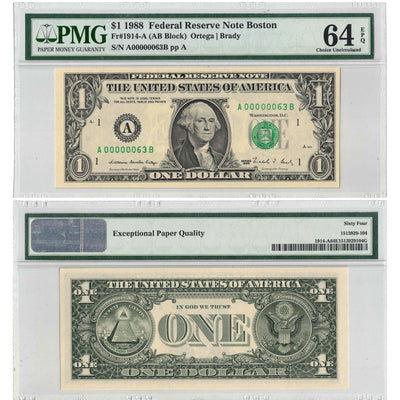 United States 1988 $1 Note Low Serial #63 Fr .1914-A - PMG Ch UNC-64 EPQ