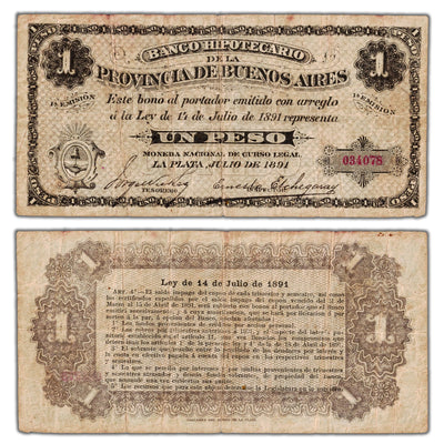 Argentina Banco Hipotecario 1891 1 One Peso Note P #S615 - Circulated