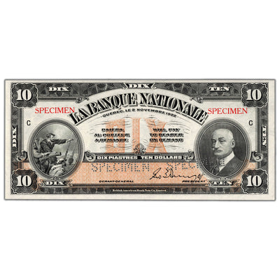 SOLD $10 1922 La Banque Nationale Canada Chartered Specimen Note #510-22-04S - UNC