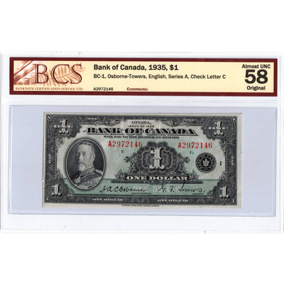 $1 1935 Bank of Canada Note English Text BC-1 - BCS AU-58