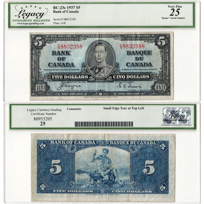 SOLD $5 1937 Bank of Canada Note Radar Serial 8832388 BC-23c - Legacy VF-25
