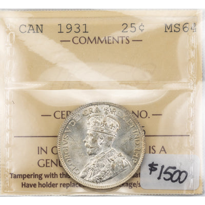SOLD Canada 1931 25 Cents Quarter Silver Coin - ICCS MS-64