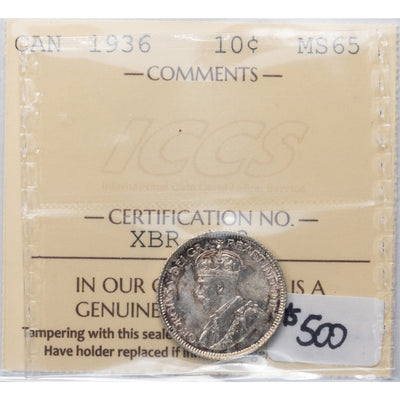 SOLD Canada 1936 10 Ten Cents Silver Coin - ICCS MS-65
