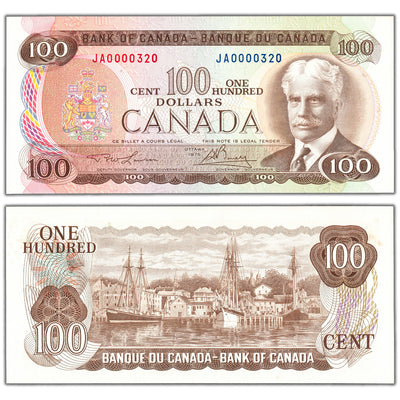 $100 1975 Bank of Canada Note JA Prefix Low Serial #320 BC-52a - UNC