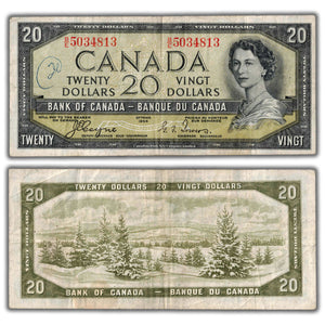 SOLD $20 1954 Bank of Canada Note Devil Face B/E Changeover Prefix BC-33a - Writing