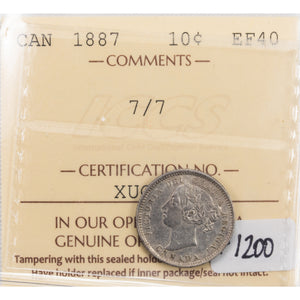 SOLD Canada 1887 7/7 10 Cents Dime Silver Coin - ICCS EF-40