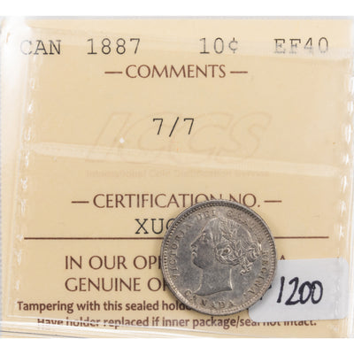 SOLD Canada 1887 7/7 10 Cents Dime Silver Coin - ICCS EF-40