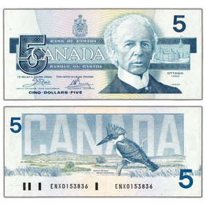 SOLD $5 1986 Bank of Canada Note Crow-Bouey ENX Prefix BC-56aA - AU