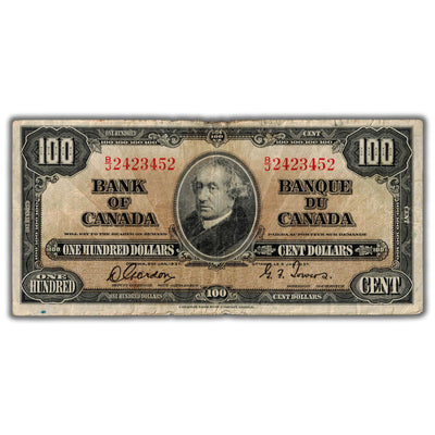 SOLD $100 1937 Bank of Canada Note Gordon-Towers B/J Prefix BC-27b - Circulated