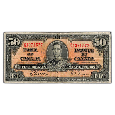 SOLD $50 1937 Bank of Canada Note Gordon-Towers B/H Prefix BC-26b - Writing