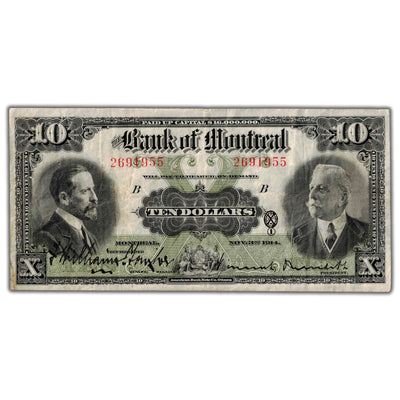 SOLD $10 1914 Bank of Montreal Canada Chartered Note #505-54-08 - VF (pinholes)